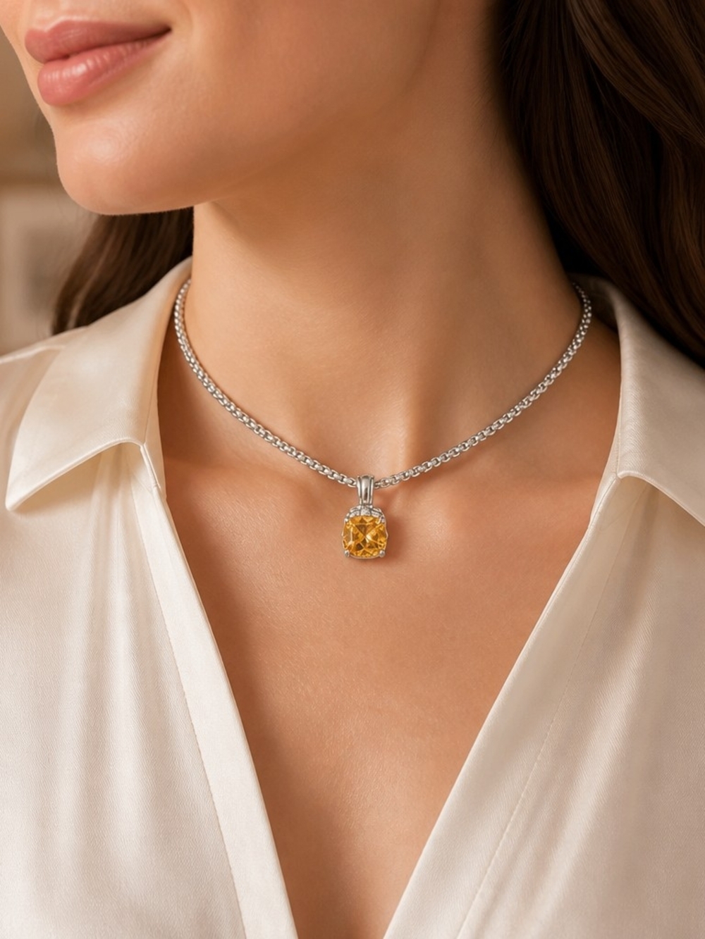 Sterling Silver Necklace with Yellow Cushion Pendant